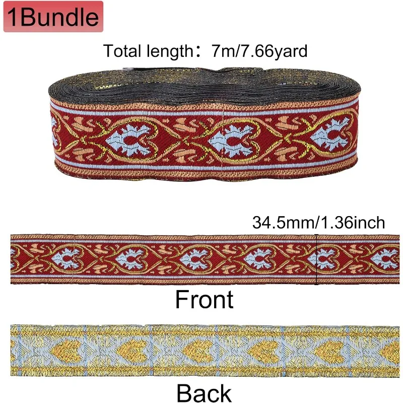 7.7 Yard 1.3 pollici di larghezza Vintage Jacquard nastro rosso Jacquard Trim Boho ricamato tessuto con motivo a cuore oro e blu