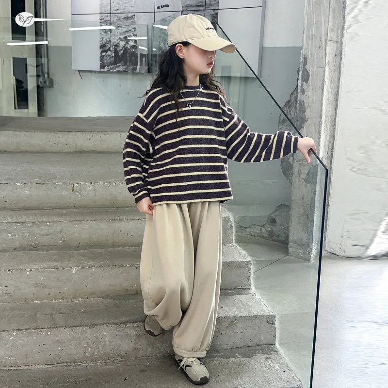 ملابس الفتيات لخريف وشتاء 2025 مع قلنسوة مخططة بأكمام طويلة تي شيرت فستان مراهق للأطفال فضفاض 4 6 7 8 9 10 11 12 سنة