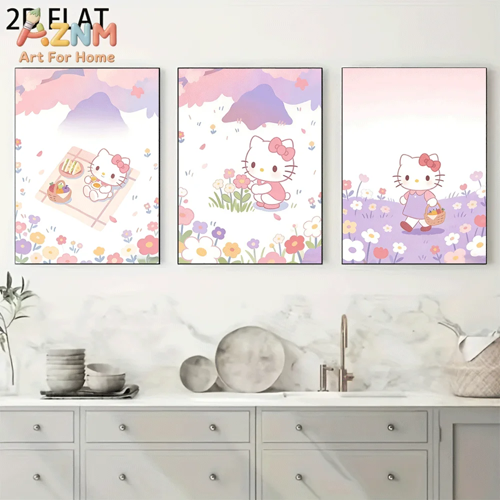 AZNM Hello Kitty Canvas Wall Art Unframed Cute Cartoon Print Poster Wildflower Picnic Basket Mountain Purple Sky Design for Girl