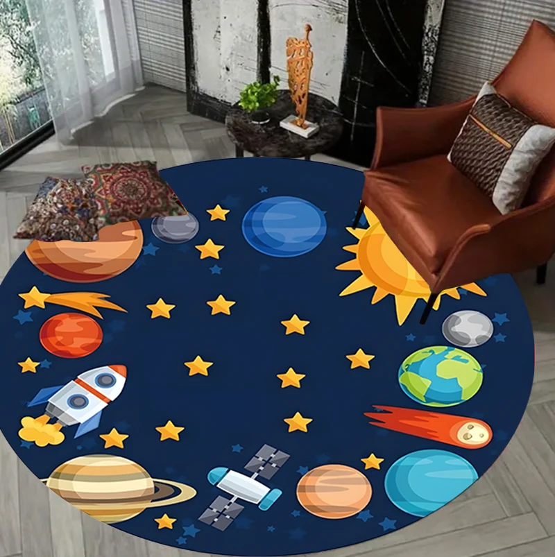 Round Solar System Planet Orbit Pattern Area Rug Kids-Friendly Non-Slip Carpet for Playrooms Children's Home Spaces