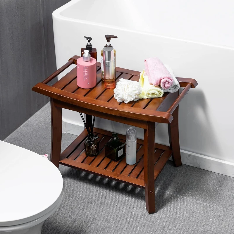 

Teak Wooden Bath Stool with Towel Rack, Waterproof Anti-Slip Shower Seat for Bathroom, Thick Solid Frame, Double Storage Layers
