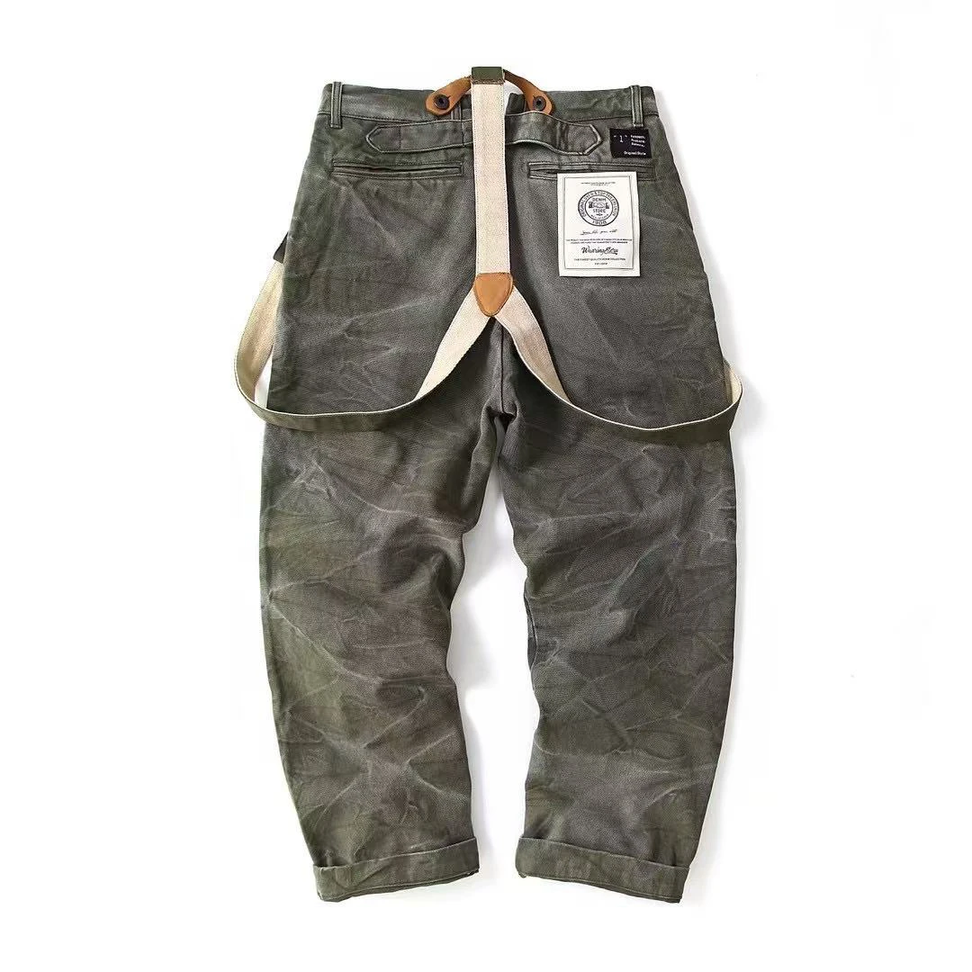 World War II Heavyweight 100% Cotton Washed Canvas Overalls - Durable Loose Straight Men's Lumberjack Casual Workwear Pants