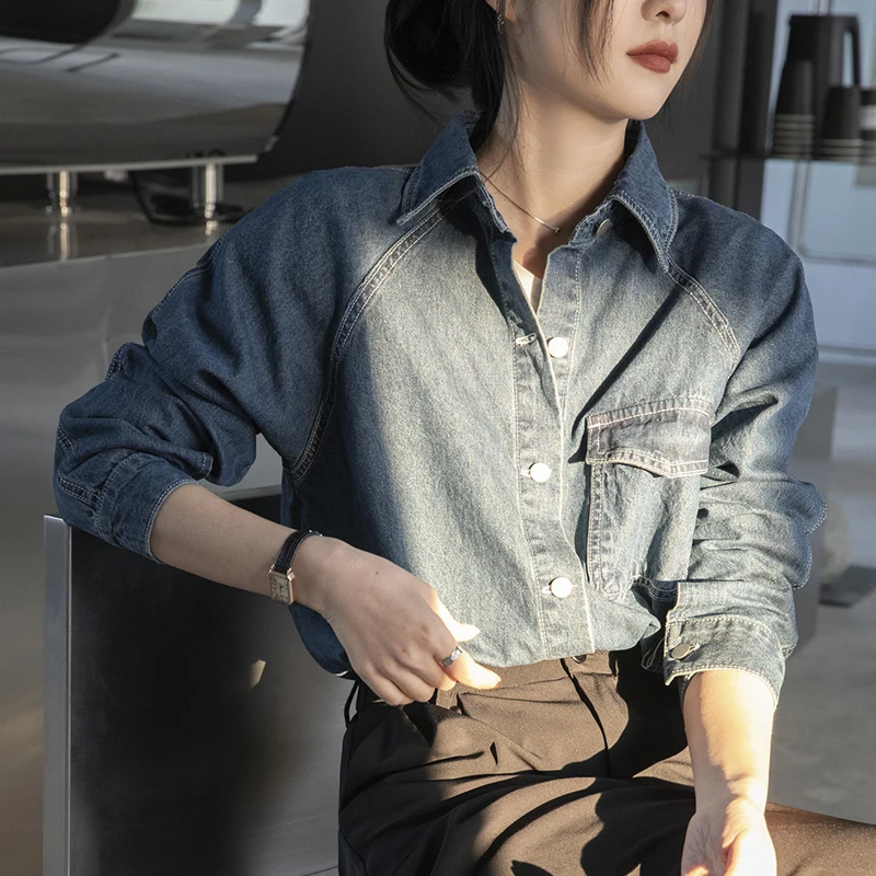 

2023 Spring Autumn New Korean Fashion Women Cotton Denim Shirt Long Sleeve Turndown Collar Vintage Blue Casual Blouse Z001