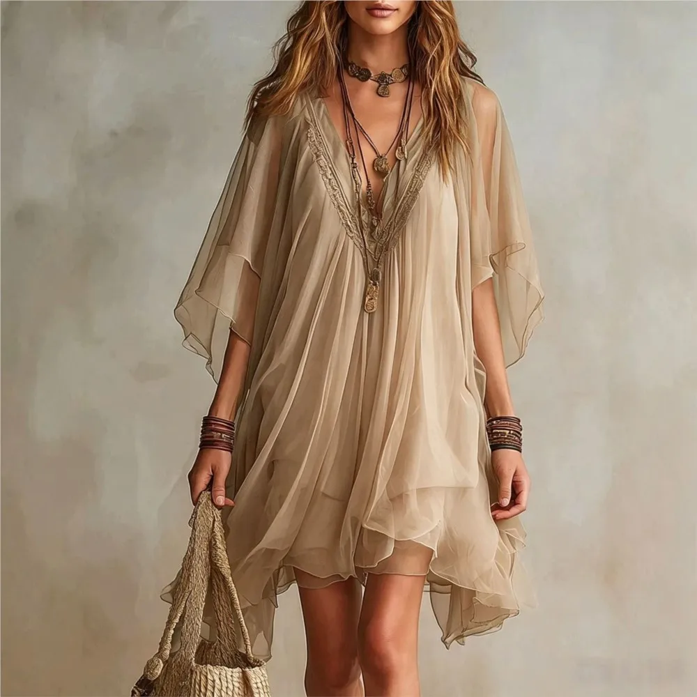 Summer Solid V-neck Loose Mini Dresses Set Women Spaghetti Strap Dress With Perspective Cover Up Beach Vacation Dress 2pcs Sets - view 6
