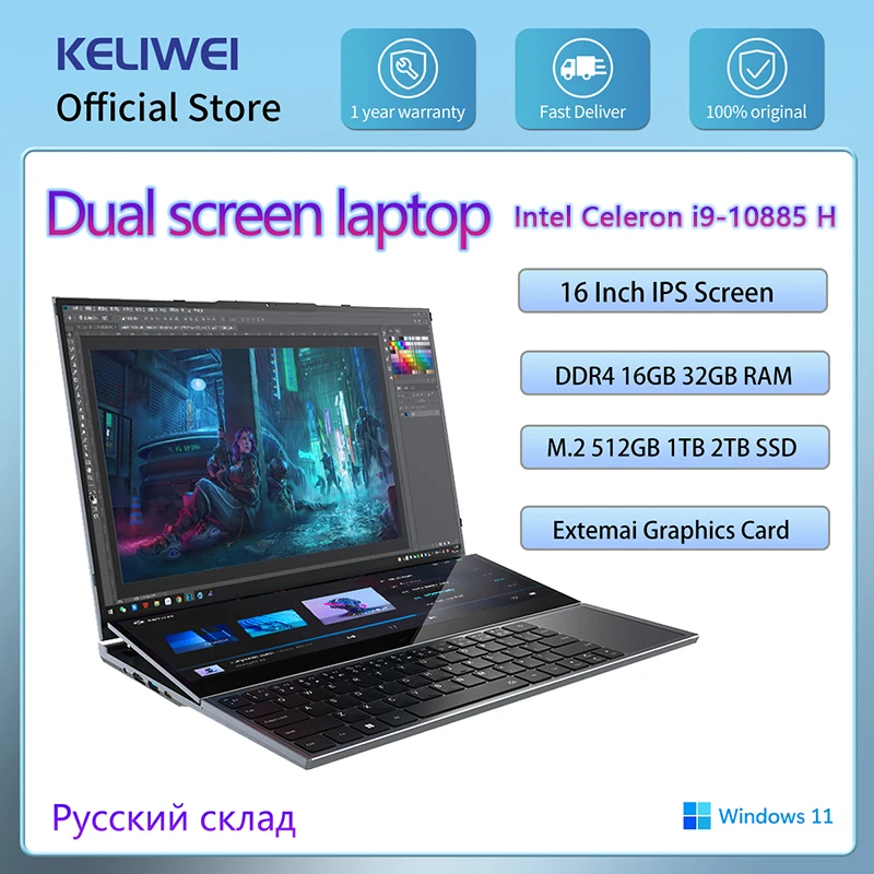 KELIWEI 16 Inch 14 Inch Dual Screen Laptop Core i9 10750H Touch Screen Gaming Laptop DDR4 32GB SSD PC Portable Notebook Computer