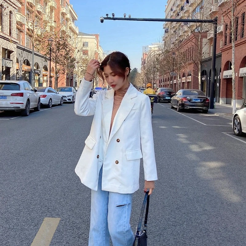 Korean Women's Corduroy Double Breasted Blazer 2025 SA New Arrival Loose Vintage Casual Eye Catching Slimming Trendy Jacket