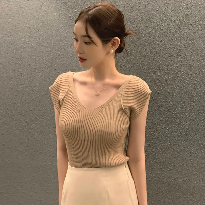 

Ele винтажный летний трикотаж, женский облегающий пуловер ort Sve V-Ne, полосатый свитер, модный повседневный корейский сле