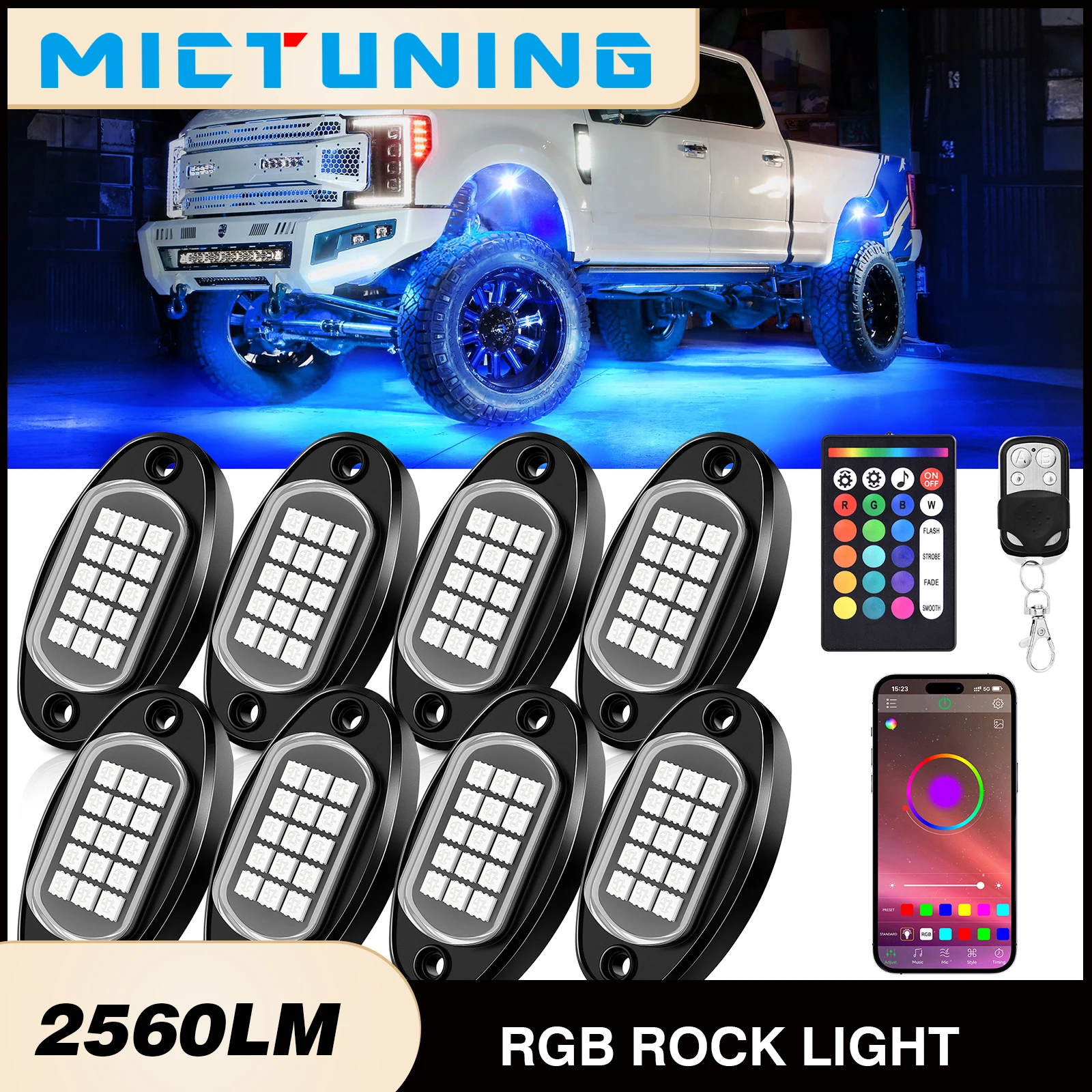 

MICTUNING 8 Pods RGB LED Rock Lights,Multicolor Underglow Neon Light Kits with APP Remote Control for Pickup Car Off Road