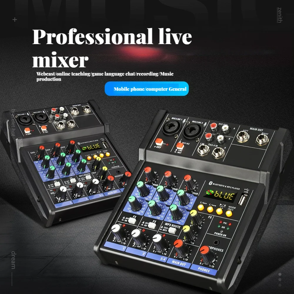 4 Channel Audio Mixer Audio Mixer Amplifier Console Built in Reverb Effect DJ Mixer USB Audio for DJ Studio Power Amplifier