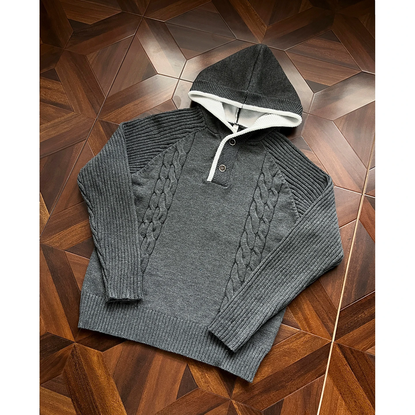 

Heavyweight Knitted Sweater Men's Autumn Winter Casual Loose Fit Soft Warm Hat Jaet Button Detail Twist Flower Design