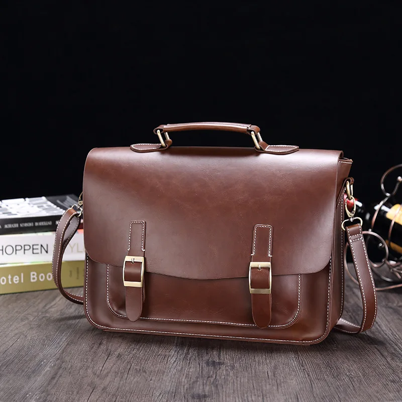 PU Leather Vintage Briefcase Retro Men Student Satchel Schoolbag Handbag Shoulder 14inch Laptop Business Portable Shoulder Bag