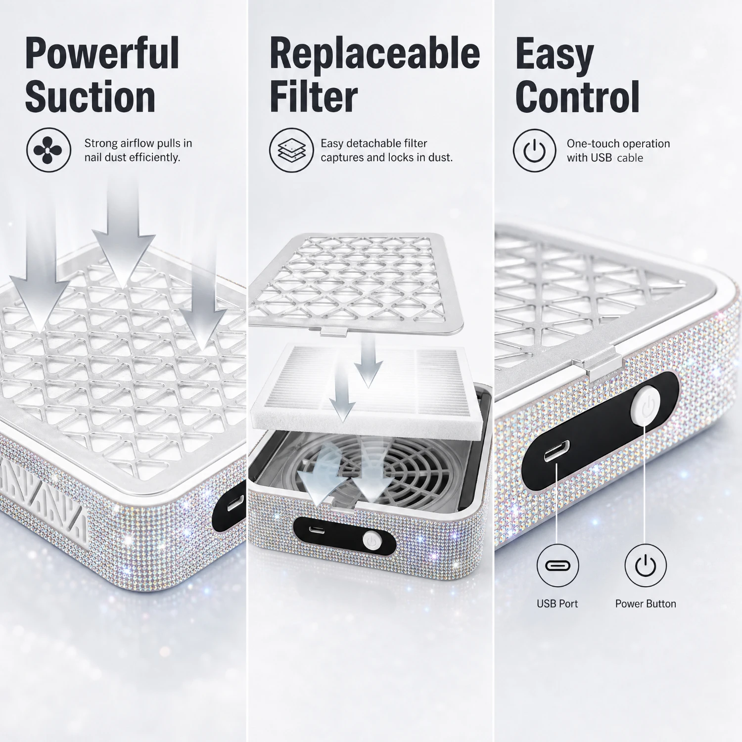 Low Noise High Suction Rhinestone Nail Dust Collector, 4200 RPM Brushless Motor USB Powered Nail Vacuum, Reusable Replaceable Filter, Plug And Play Manicure Dust Suction Machine For Commercial Salon & Personal Home Use - view 6