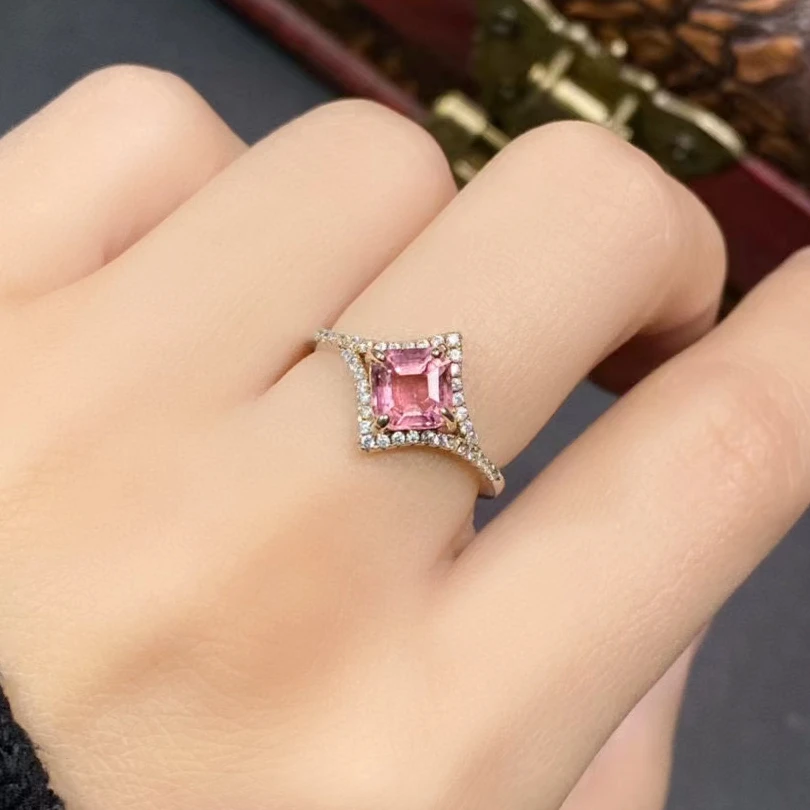 

Beautiful Pink Tourmaline Engagement Ring for Woman 6mm*6mm Natural Tourmaline Ring Solid 925 Silver Jewelry with Gold Plated