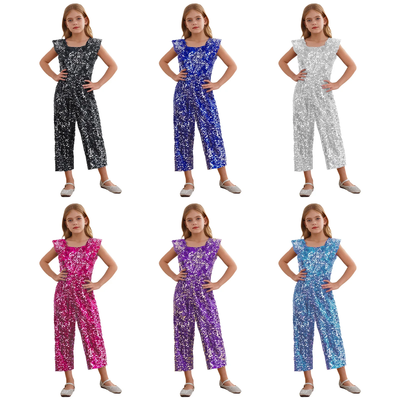 

Kids Girls Square Collar Sleeveless Bodysuit Sparkly Sequins Wide Leg Summer Outfits Party Banquet Prom Celebration Jumpsuit