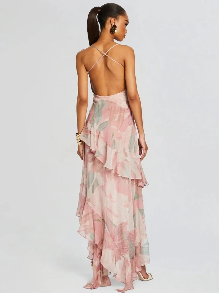 Sexy sem mangas cinta de espaguete floral impresso babados vestido longo feminino verão sem costas férias pista vestidos de festa à noite