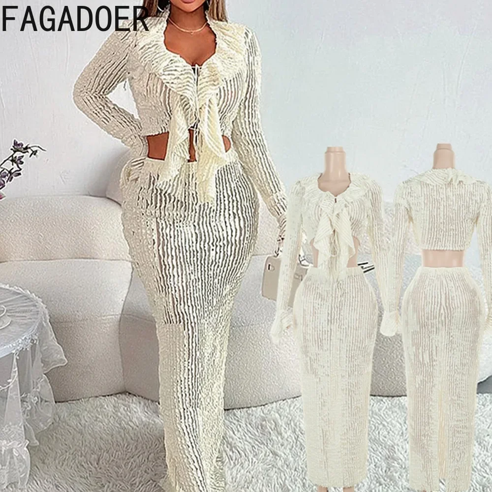 

FAGADOER Elegant Ruffles 2 Piece Sets Outfits Women V Neck Long Sleeve Crop Top and Bodycon Long Skirts Sets Ruched Streetwear