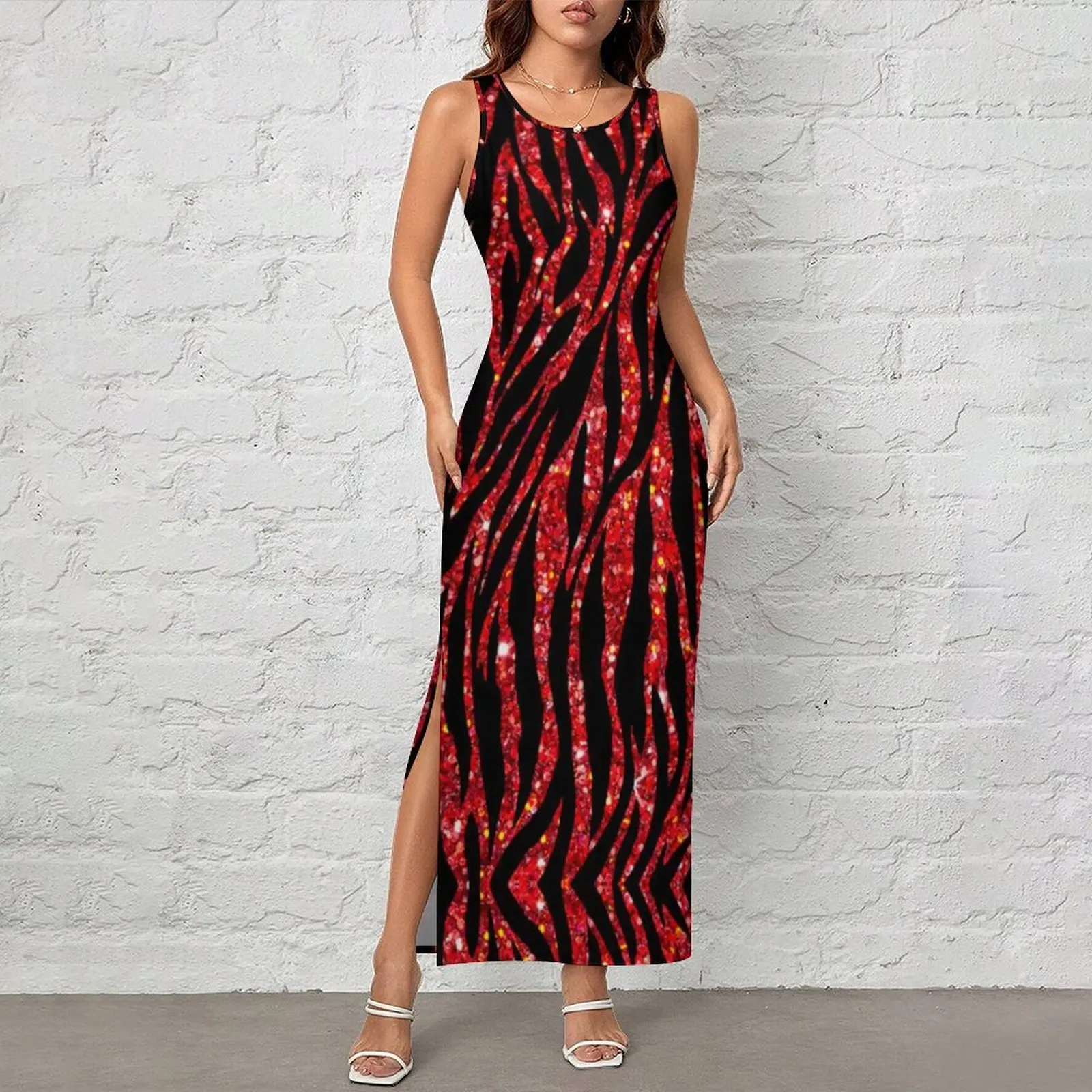 Glitter Zebra Pattern Dress Sleeveless Trendy Modern Animal Print Casual Maxi Dresses Club Bodycon Dress Ladies Graphic Vestido