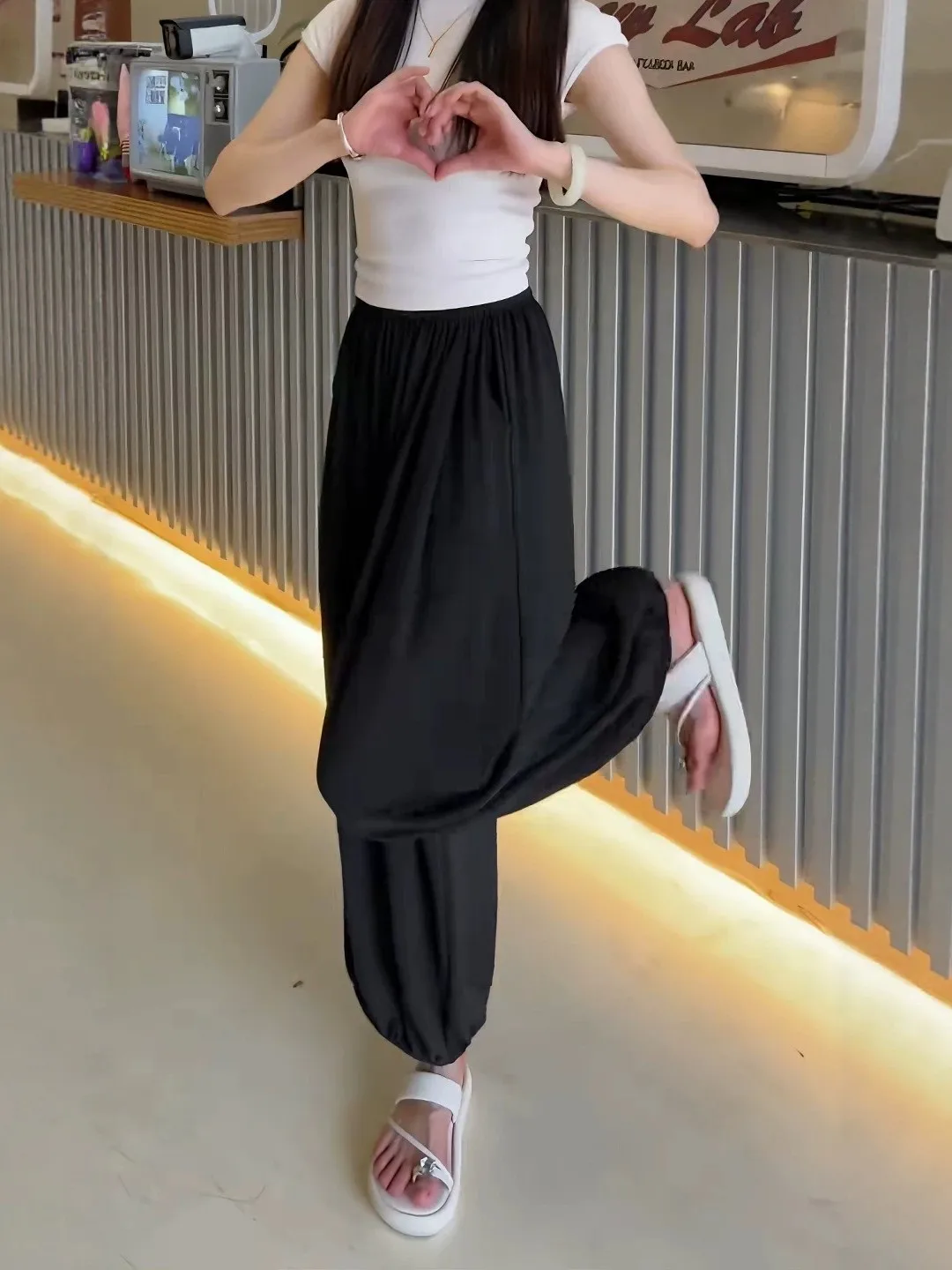 Black Wide Leg Pants Women's Summer Thin Loose plus Size Comfortable High Waist Casual Trousers Korean Style Elastic Waist