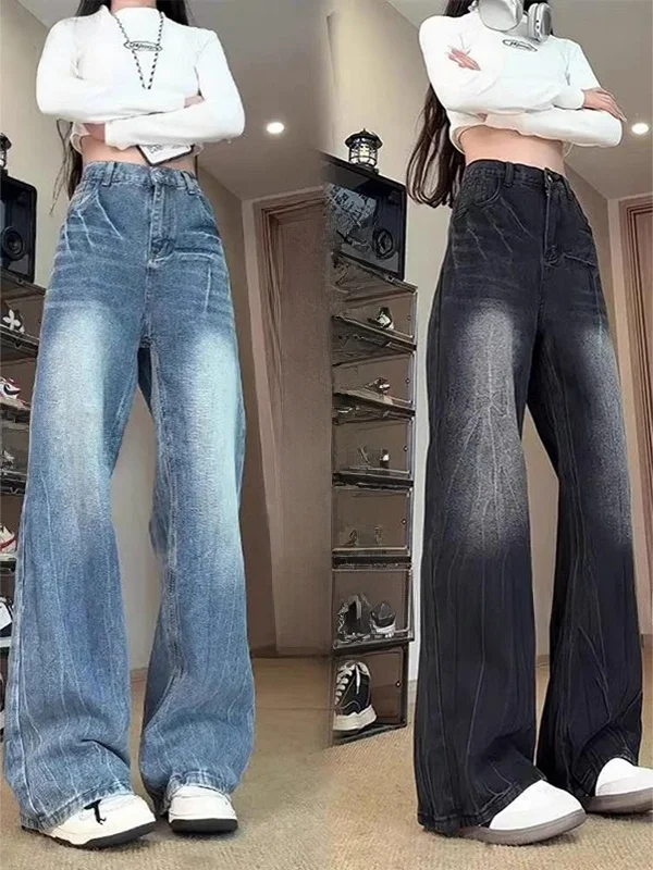 

Ice Blue Loose Fit Straight Leg Jeans Men's American Retro Brand Lightning Bamboo Node Pattern Casual Cotton Jeans