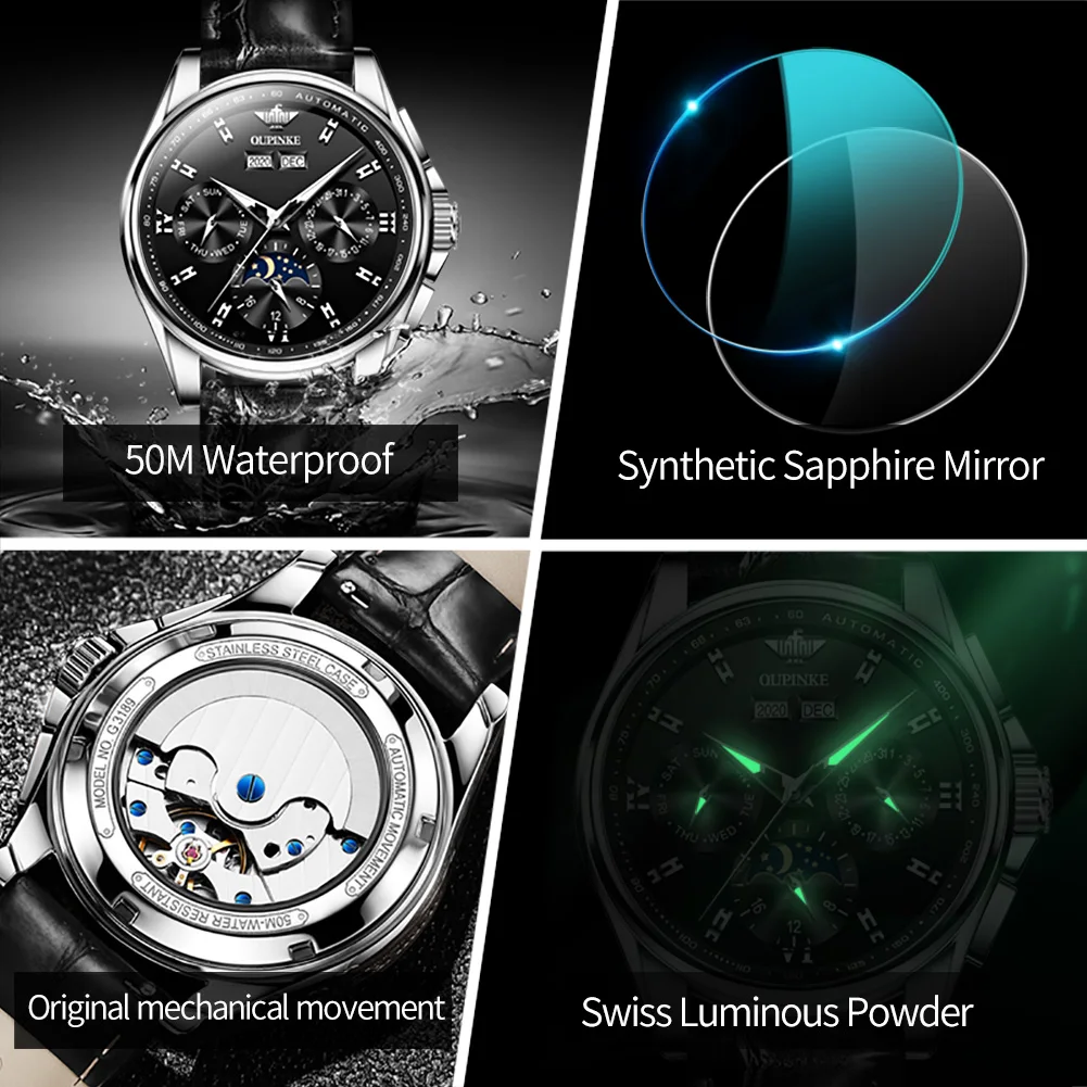 OUPINKE 3189 Hot Sale Men's Watches 24 Hour Moon Phase Waterproof Sapphire Mirror Leather Strap Automatic Mechanical Man Watch