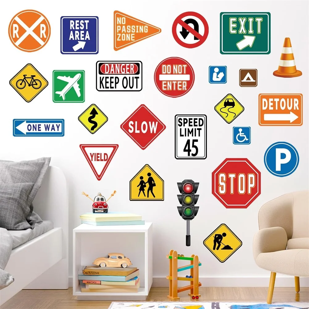 25pcs Street Sign Wall Stickers PVC Self Road Stop Decals for Childrens Room Classroom Hallway and Play Space Decor
