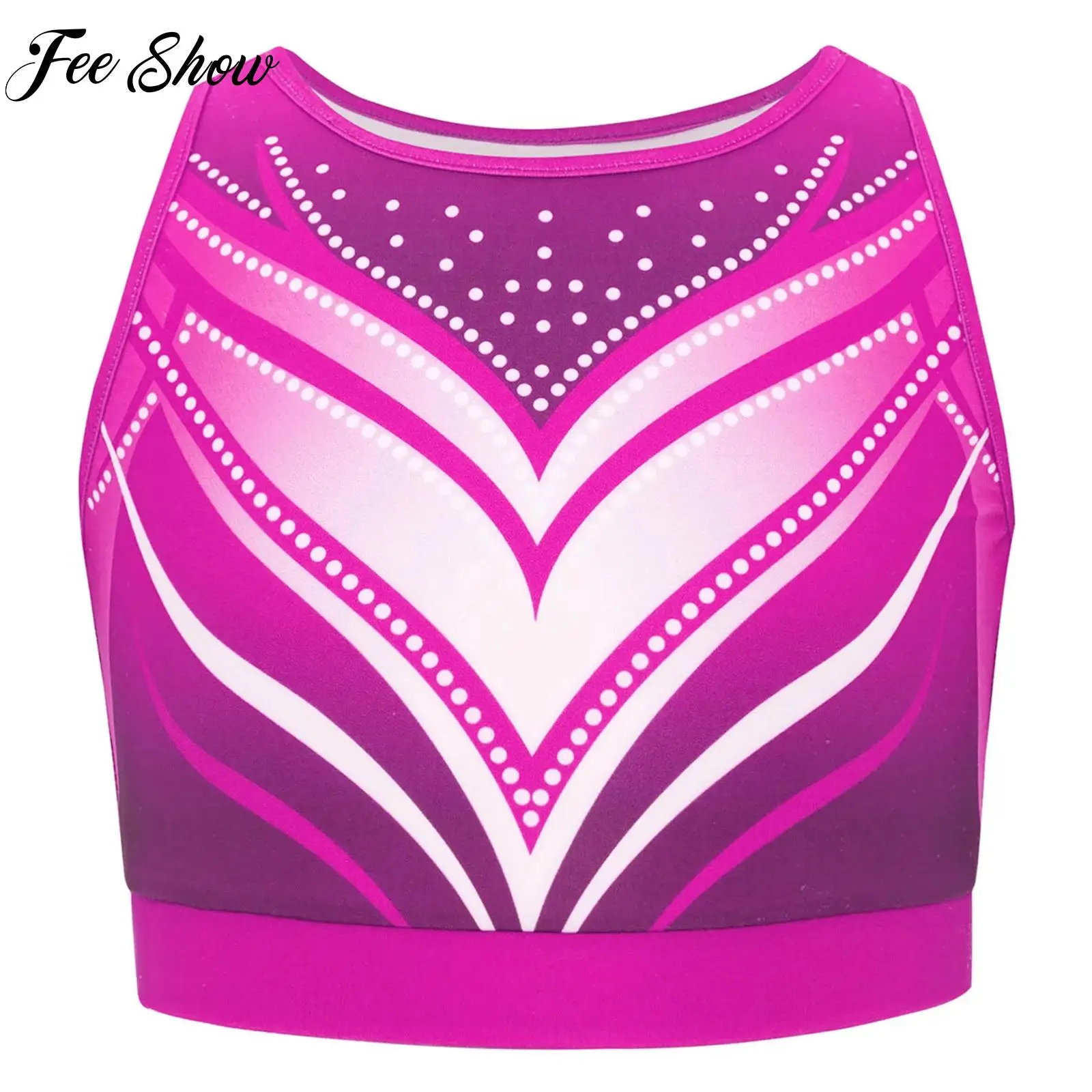 

Girls Rhythmic Gymnastics Figure Skating Dance Tops Sleeveless Contrast Color Printed Athletic Vest for Sports Yoga Gym Workout