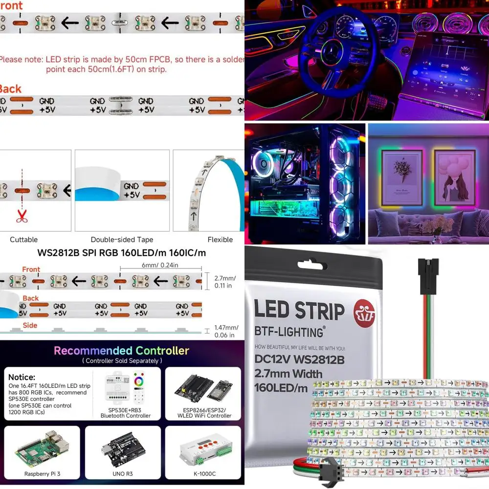 

RGB LED Strip 2.7mm Slim 0807 SMD, 160 Pixels/Meter, 16.4FT, 800 LEDs, 12V, Individually Addressable, Dream Color Light for Home