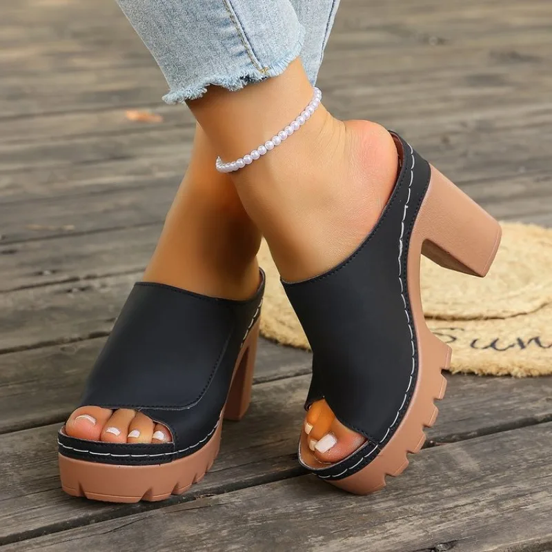 Womens Chunky Block Heel Mules Platform Sandals Open Toe Slip on Slides Casual Summer Peep Toe Slippers Thick Sole Daily Shoes