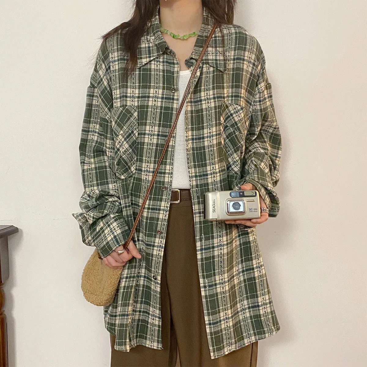 2025 Autumn New Retro Plaid Long Sleeve Shirts Women's Petite Loose Couple Style Versatile Shirt Jacket