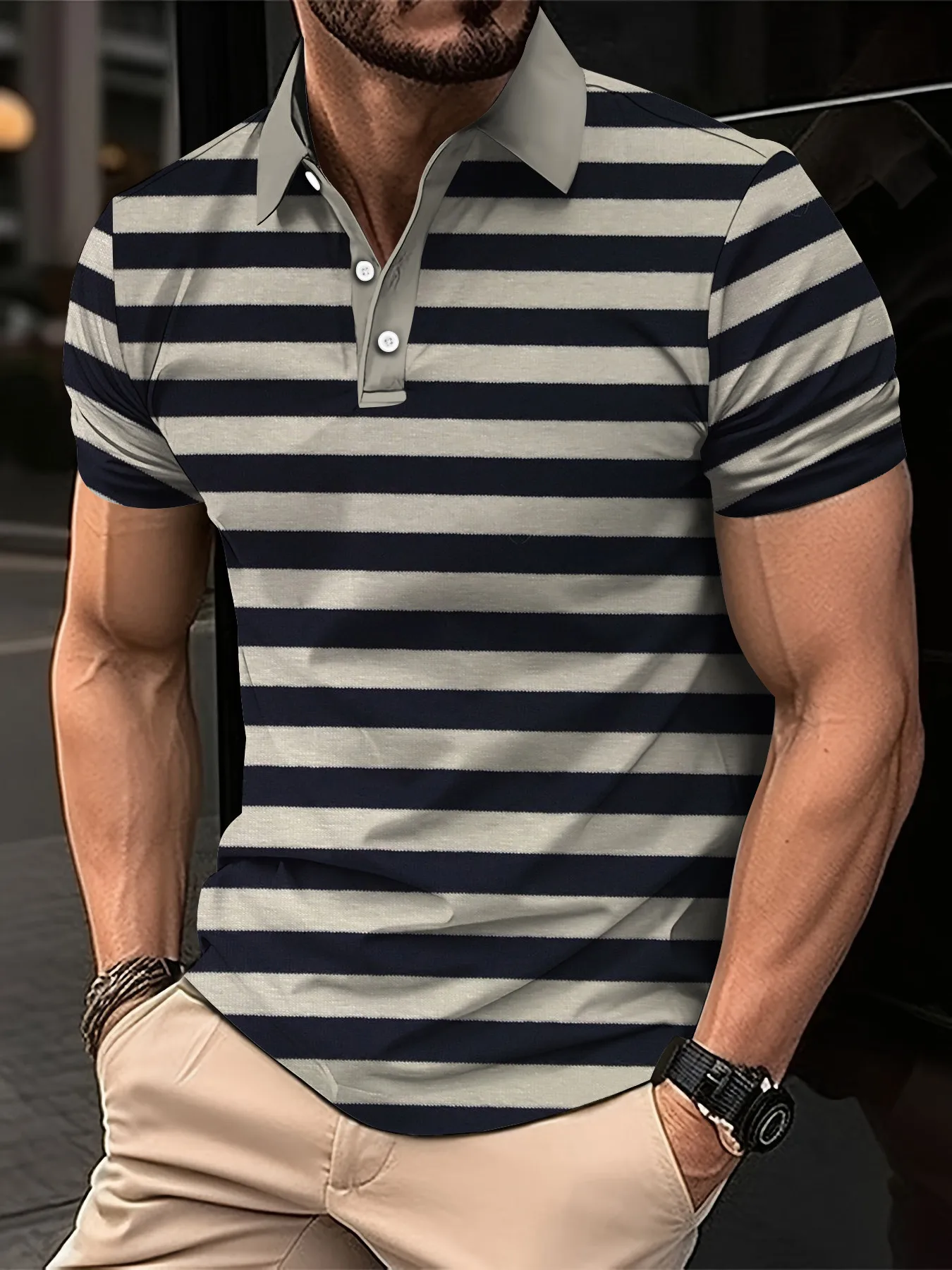 Ropa corta para hombre, Polo a rayas con estampado Digital 3D de solapa y manga, Top informal de negocios para hombre de verano, ropa de gran tamaño