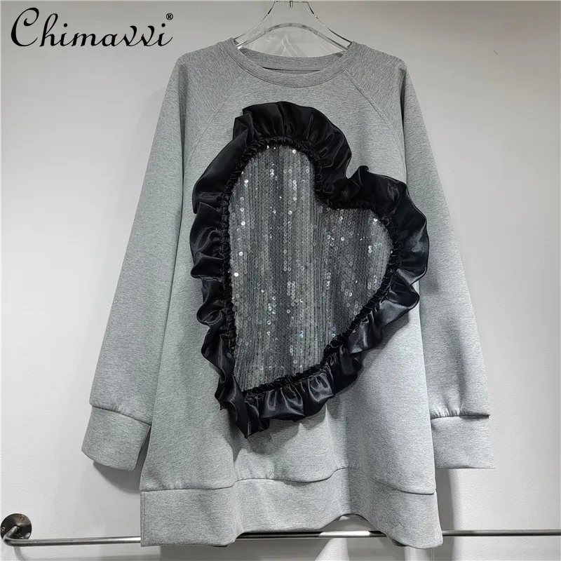 

European Style 2024 Autumn New Fashion Crew Neck Love Sequin Splicing Pullover Sweatshirt Loose Long Sleeve High-street Hoodies