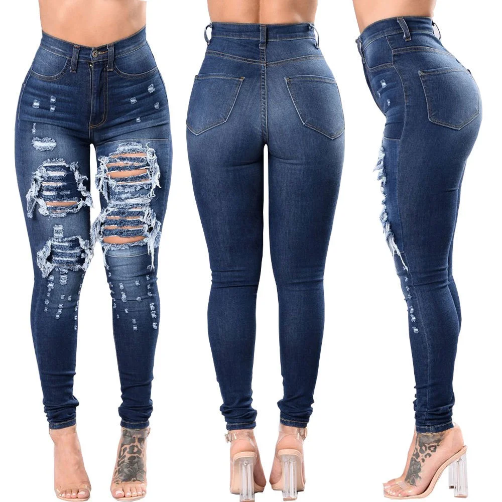 Women's High Waist Cotton Jeans City Style Small Foot Pants Torn Hole Design Spring  mid Stretch No Brand
