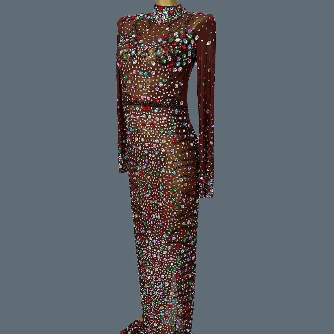 

Fancy Colourful Full Rhinestone Sexy Long Dress Birthday Celebrate Party Sheer Black Mesh Maxi Luxury Lady Evening Gown Huahudie