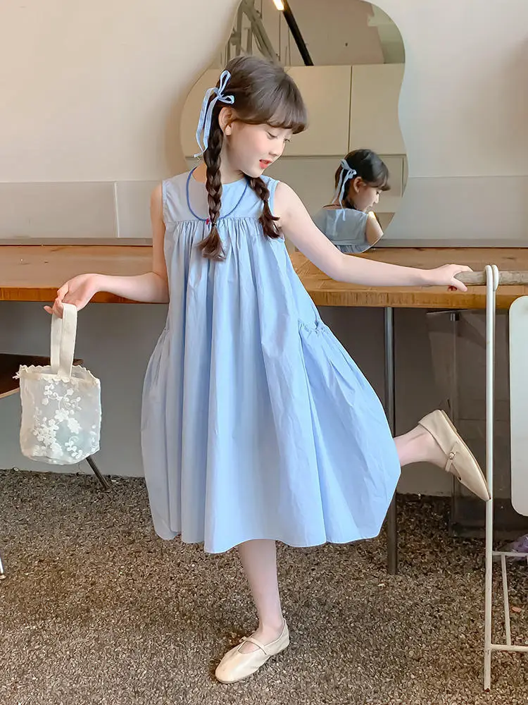 New Arrival Sweet Girls Dress For Summer 2 3 4 5 6 7 8 9 10 11 12 Year Sleeveless Solid Color Blue Child Dresses With Pockets