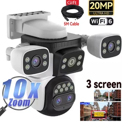 WiFi Camera 10K Four Lens 20MP Three Screens Optical 10X Zoom CCTV Video Camera Auto Tracking 360° Surveillance Security Camera