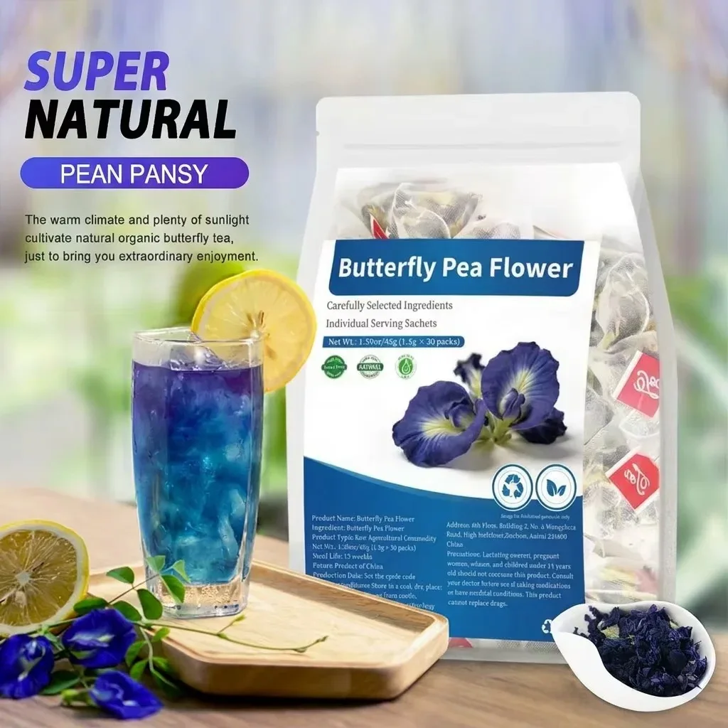 Natural Dried Butterfly Pea Flower Tea Bags, Antioxidant‑Rich Formula, Support Healthy Skin Condition, Pyramid Herbal Tea Sachet