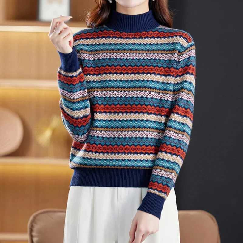 2024 New Half High Collar Print Sweater Women\'s Stripe Patchwork Korean Temperament Simple Fashion Loose Long Sleeve Knitted Top