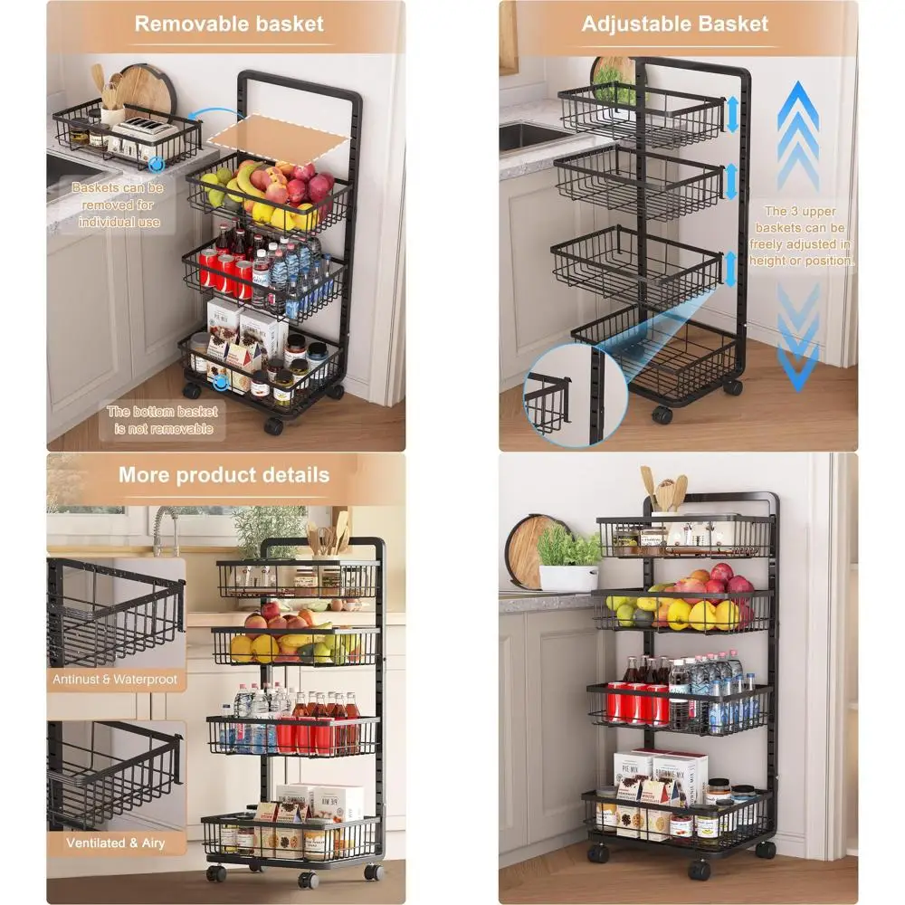 

4-Tier Metal Kitchen Cart with Adjustable Fruit Baskets, Mobile Storage for Snacks, Potatoes, and Onions in Black