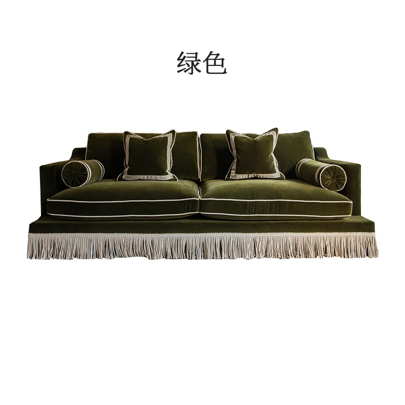 antique solid wood sofa villa living room three-person sofa retro small apartment fringed leisure sofa