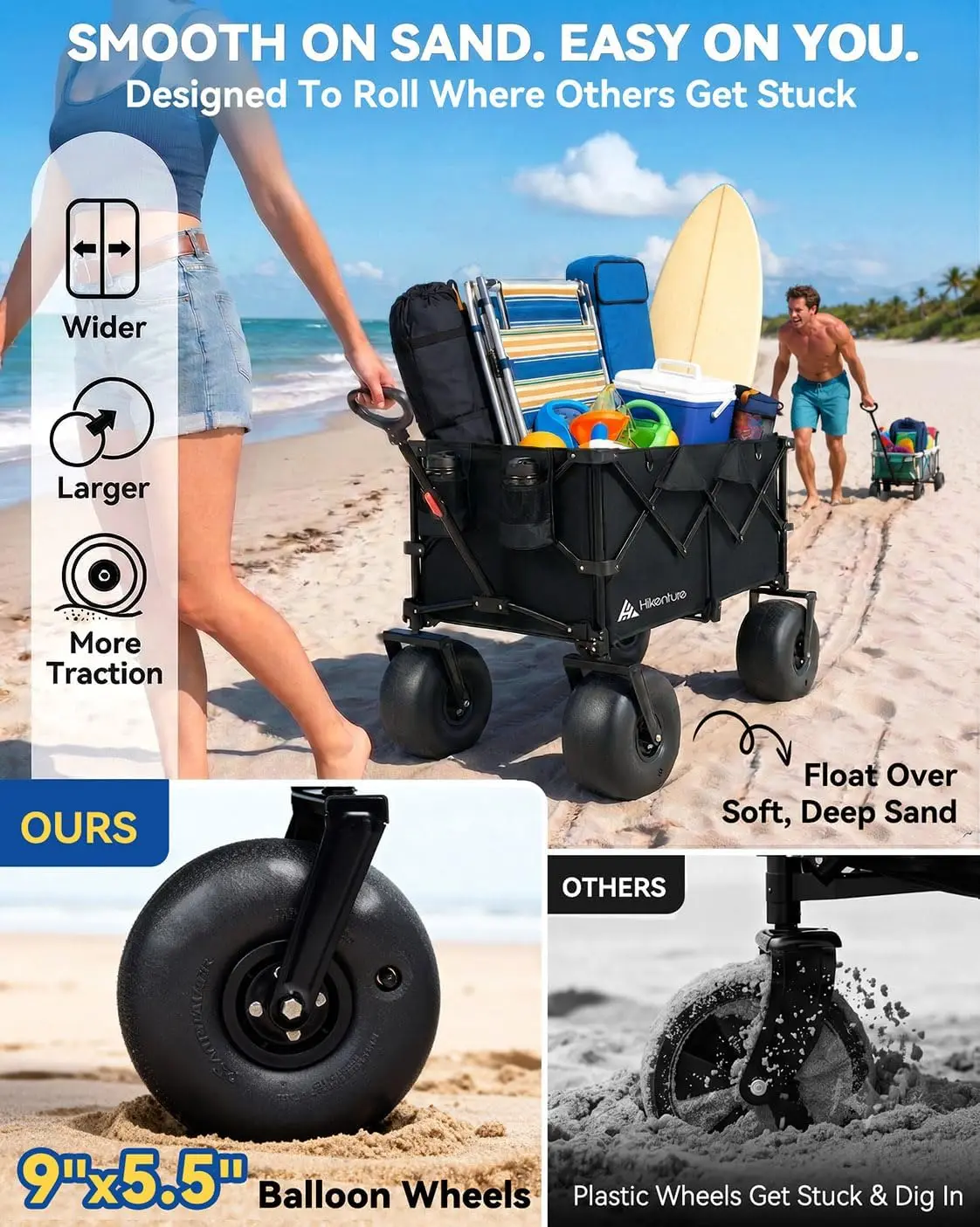 Collapsible Beach Wagon with 9 Inch PU Balloon Wheels 440lbs Heavy Duty Foldable Utility Cart Large Capacity Beach Cart for Sand