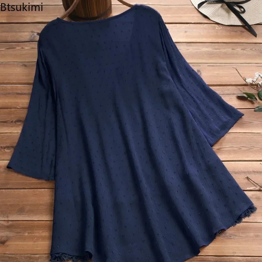 2025 Women's Cotton Linen Blouse Tops Fashion Lace Hollow Out V-neck Shirt Ladies Retro 3/4 Sleeve Loose Casual Tops Plus Size