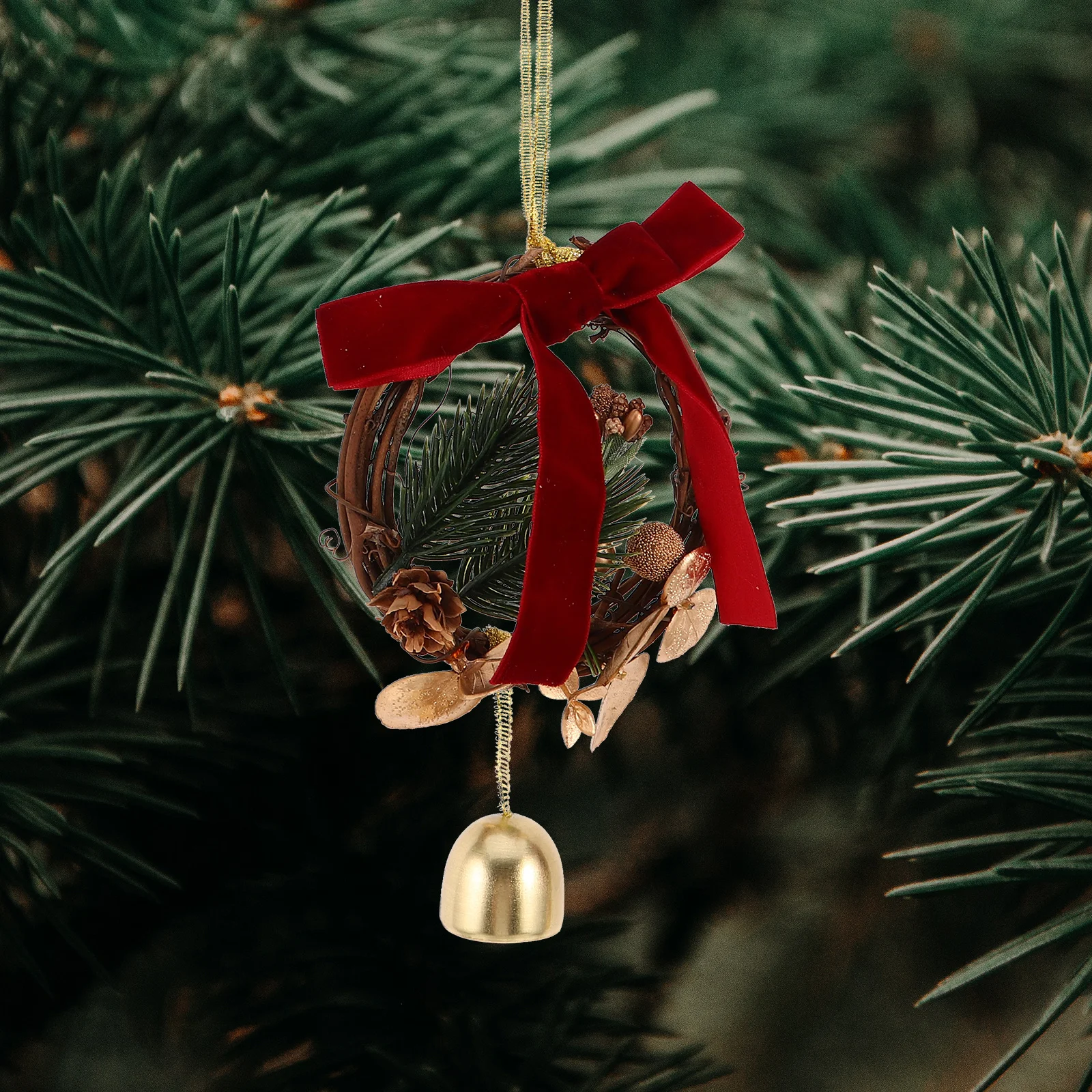 

2Pcs Christmas Metal Bells Ornament Realistic Pinecone Red Bow Holiday Hanging Decoration Xmas Door Knob Wreath Garland