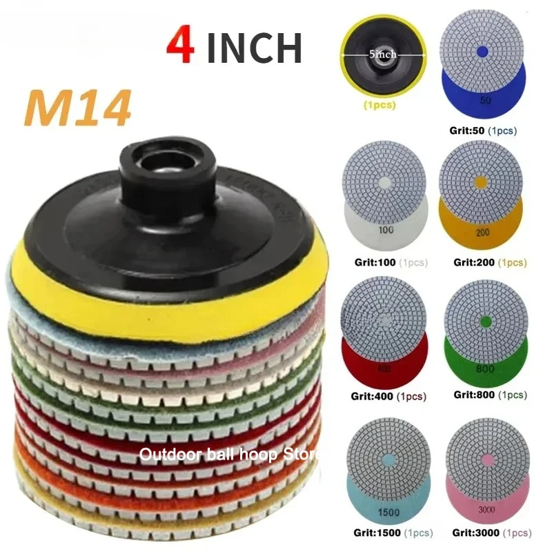 Kit de tampons de polissage diamantés, 8 pièces, 4 pouces, 100mm, humides/secs, pour le polissage du granit, de la pierre, du béton, du marbre, ensemble de disques de meulage M14