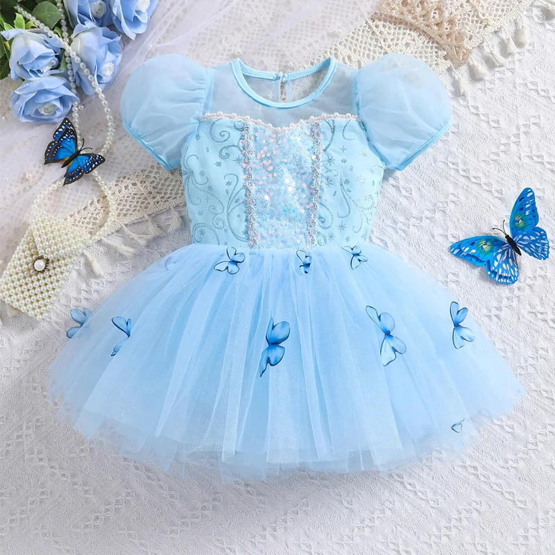 فستان رقص سندريلا للفتيات مزين بالترتر على شكل فراشة ملابس باليه للأميرة من عمر 2 إلى 8 سنوات زي تدريب للأطفال فستان أزرق فاخر