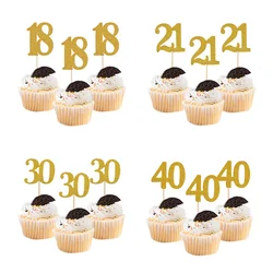 20pcs 반짝이 골드 번호 18 21 30 40 50 60 컵케익 토퍼 음식 선택 생일 케이크 장식 기념일 디저트 파티 용품