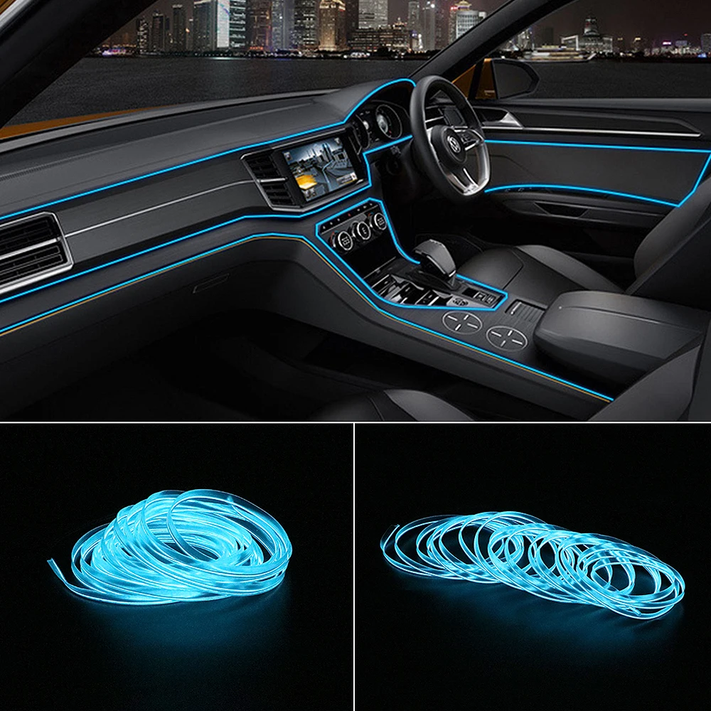 1pcs Car Door Strip Led Atmosphere Car Line Lamp Interior Decorative Light Dashboard Reading Rope Line Flexible Lamps 12V Blue