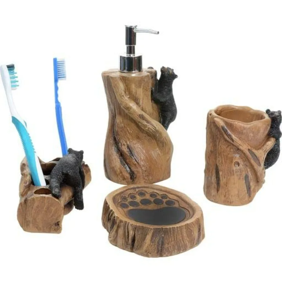 

Climbing Black Bears Bath Set Rustic Lodge Polyresin Bathroom Accessories Set of 4