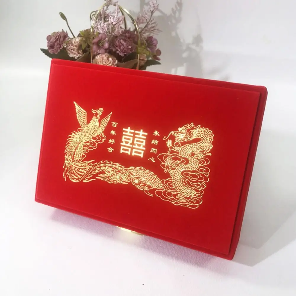 

Dragon and Phoenix Golden Jewelry Set Storage Box Red Vintage Bracelet Necklace Gift Case Large Capacity Velvet