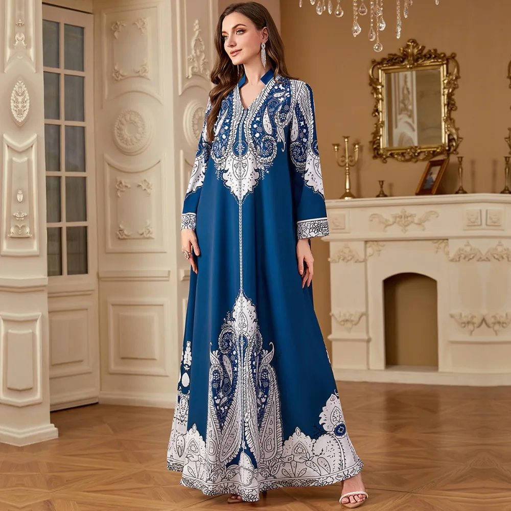 Luźna, muzułmańska sukienka abaja z nadrukiem, odpowiednia dla kobiet, do islamskich modlitew, na wieczorne wydarzenia i do subtelnego stylizowania.