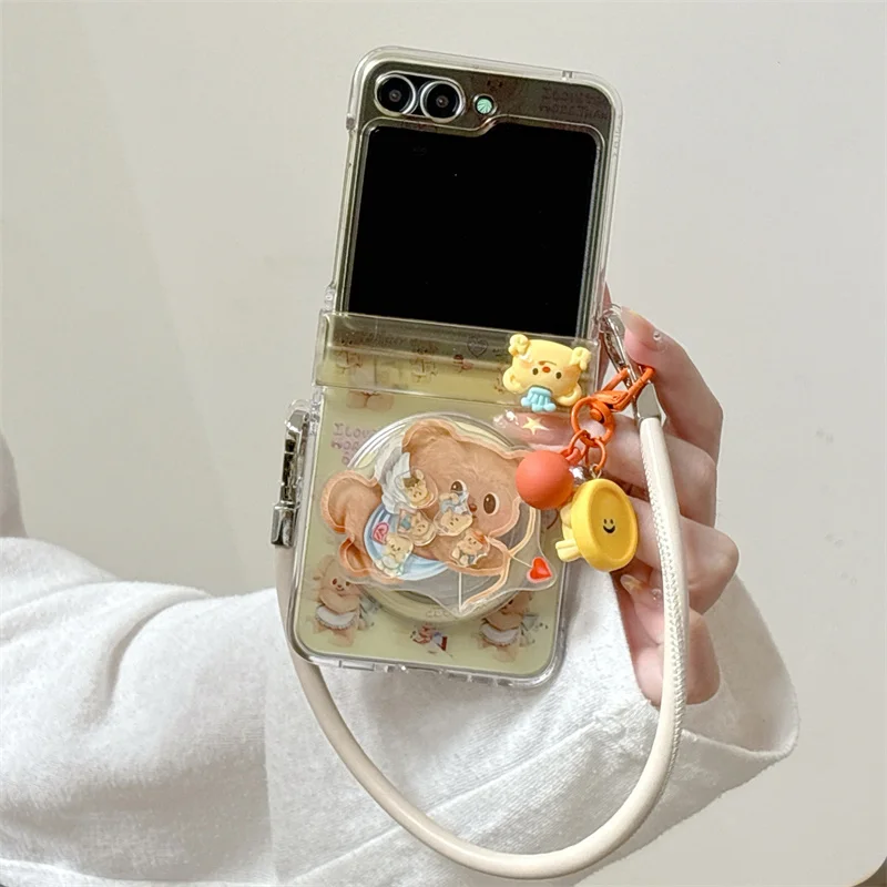 

Cute Cartoon Bear Magnetic Phone Case For Samsung Galaxy Z Flip 7 6 5 ZFlip6 ZFlip7 Cover with Magsafe Stand Hinge Cases Lanyard